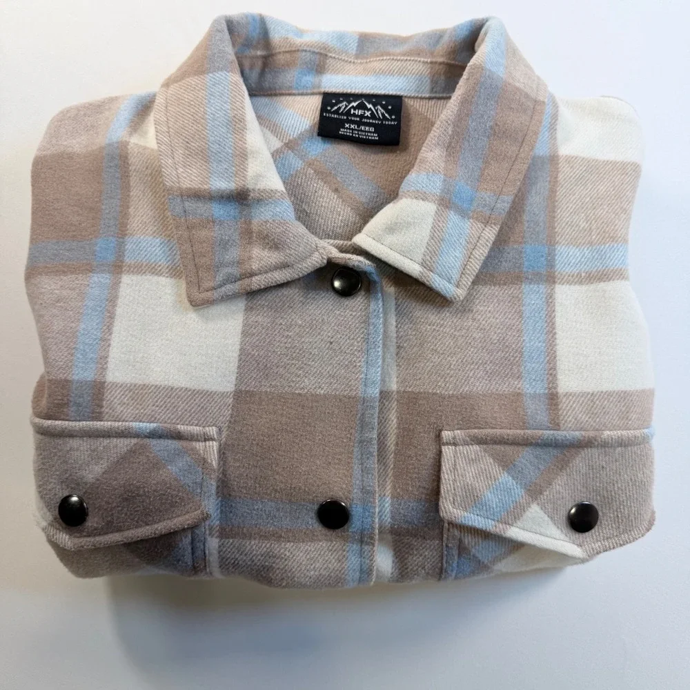 HFX Shacket Jacket Mens XXL Beige Blue Plaid Snap Front Wool Blend Overshirt